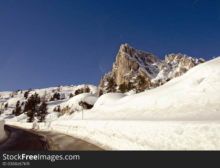 Snowy Landscape of Dolomites Mountains during Winter Season, Italy