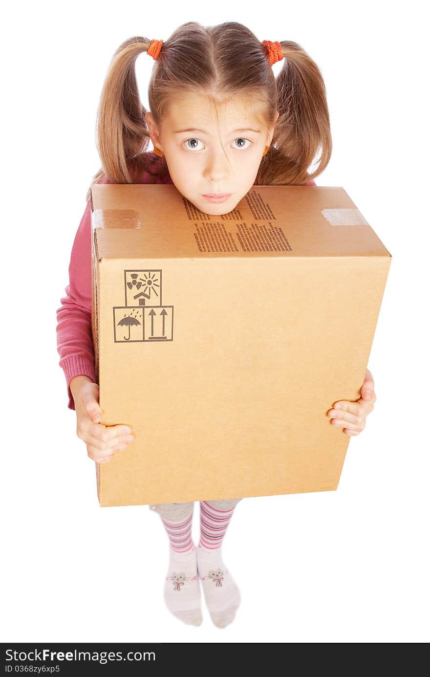 A little girl with a cardboard box - top view on a white background