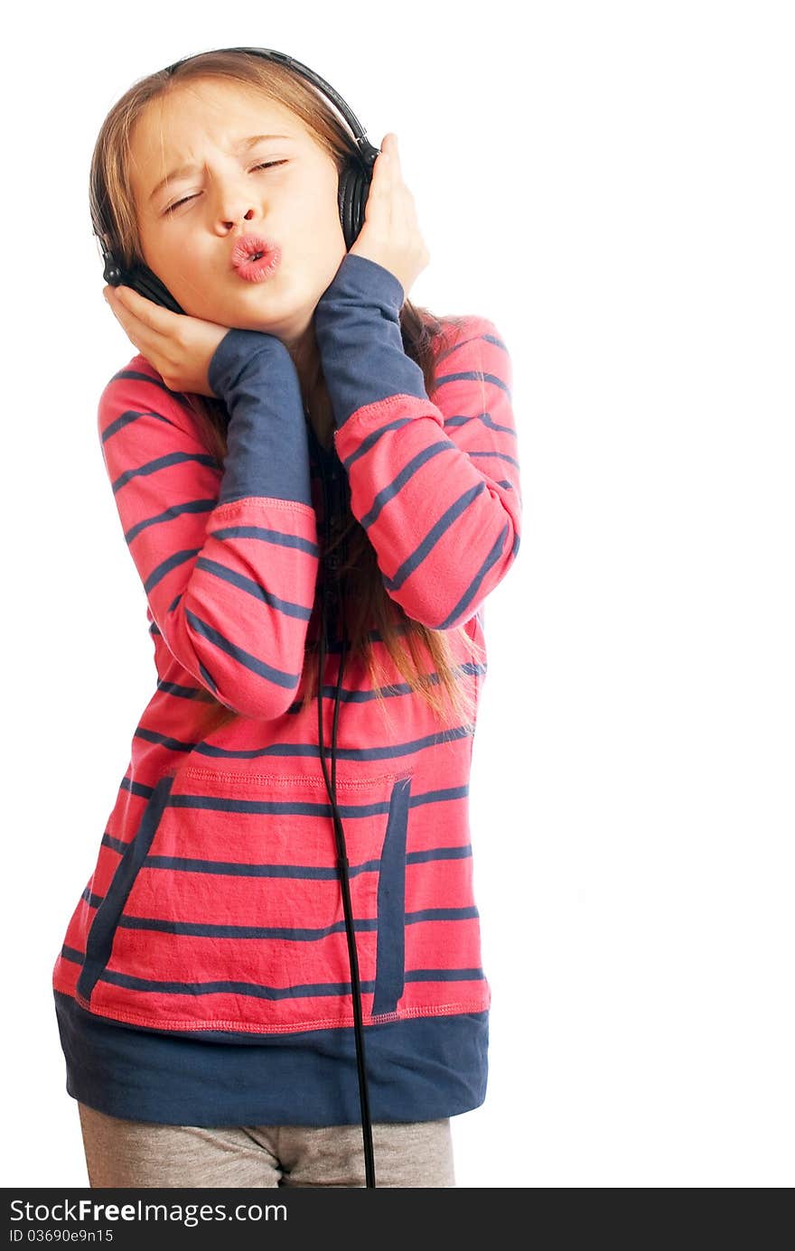 Pretty girl with headphones on white background