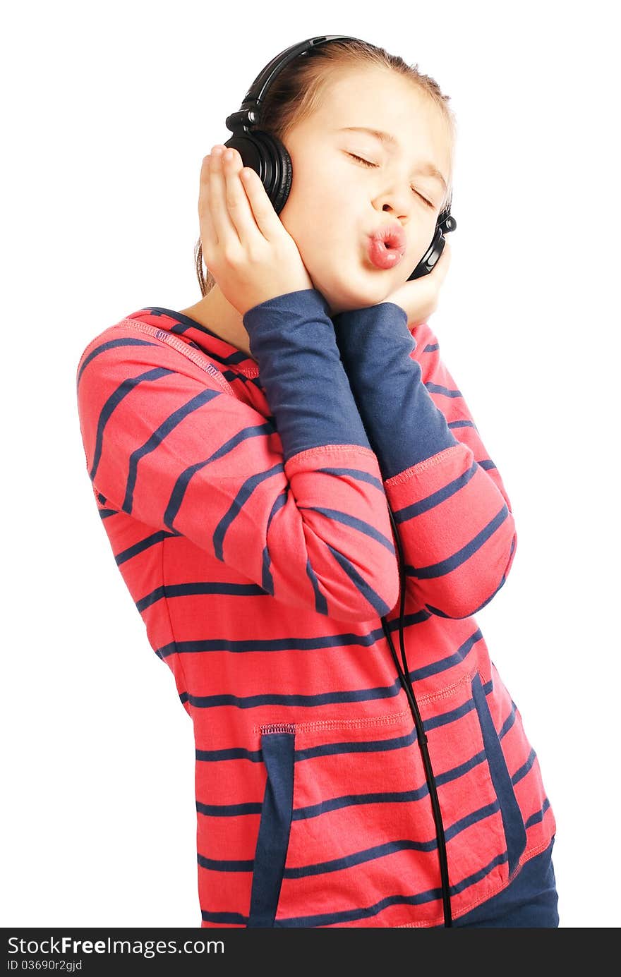 Attractive girl with headphones on white background