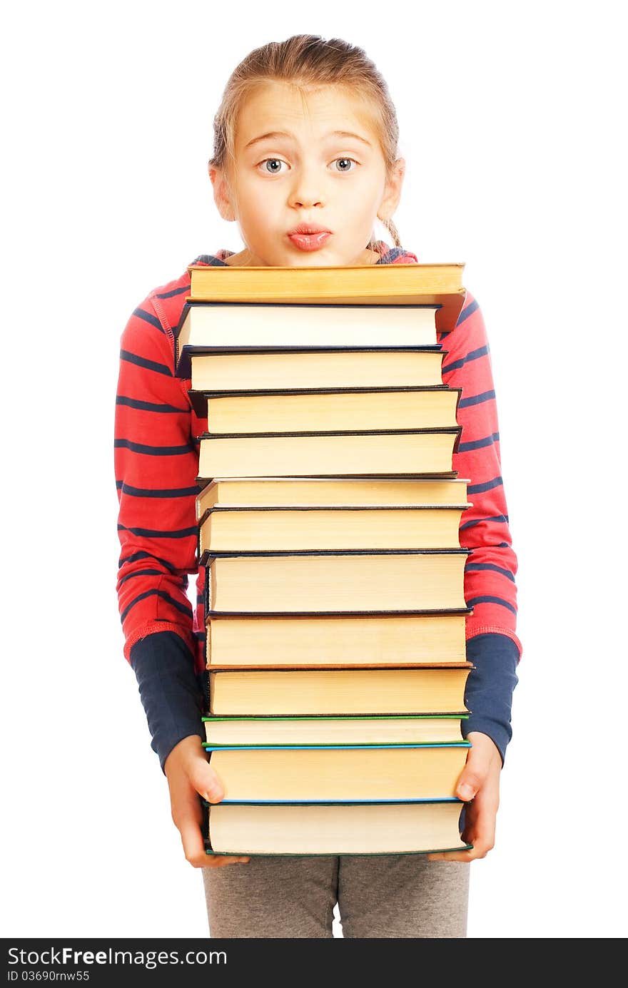 Tired schoolgirl with a pile of books on white background