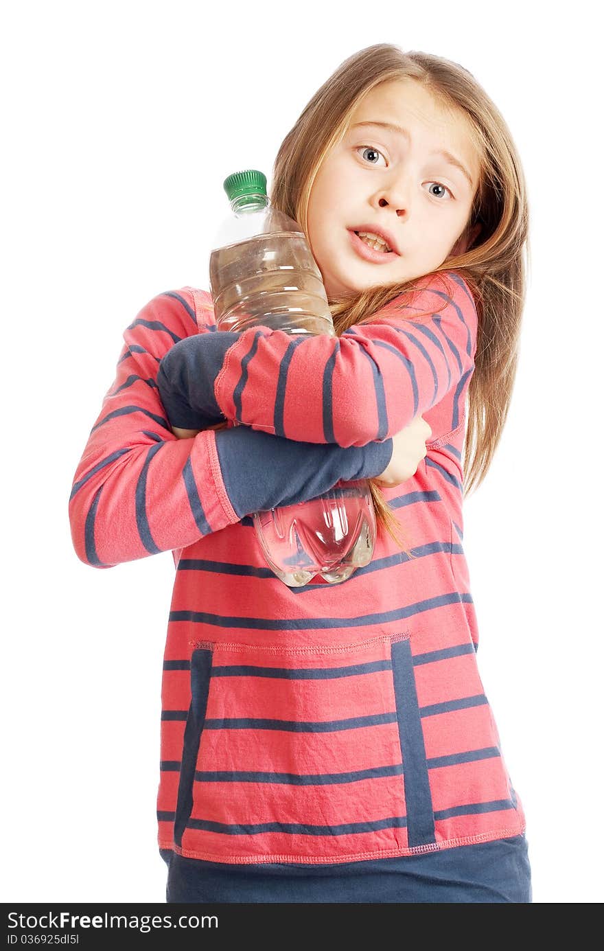 Schoolgirl with a bottle of mineral water in hand