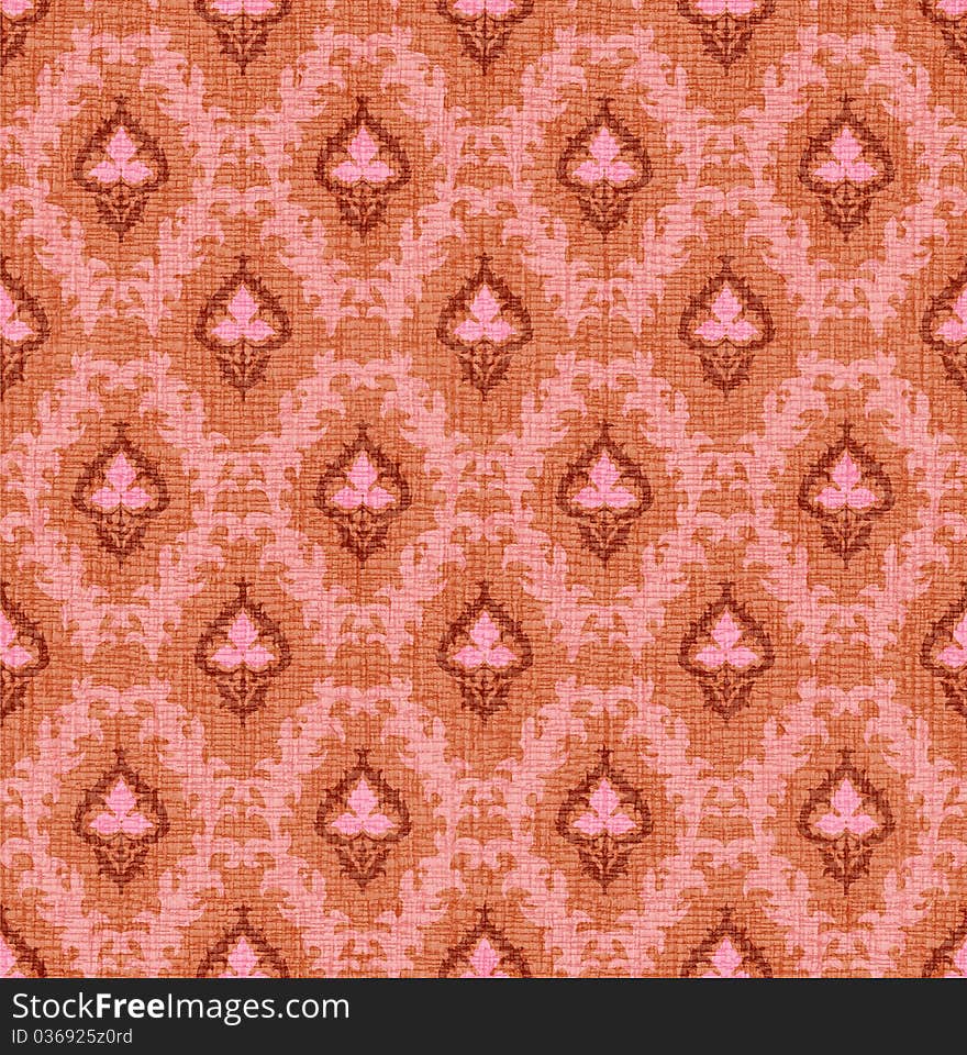 Fabric seamless ornament pink flowers at orange background. Fabric seamless ornament pink flowers at orange background