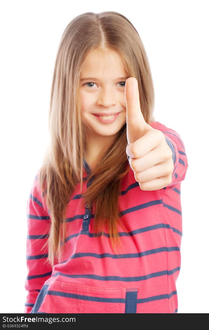 Beautiful girl on a white background shows the thumbs up sign. Beautiful girl on a white background shows the thumbs up sign