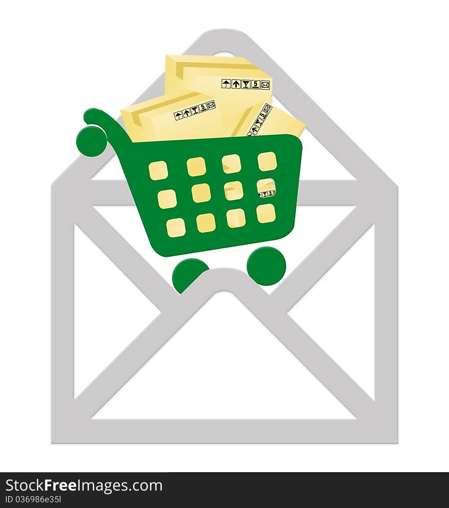 Open envelope containing a shopping cart icon. Open envelope containing a shopping cart icon