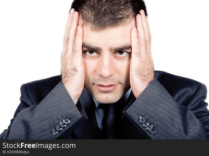 Worried businessman against white background