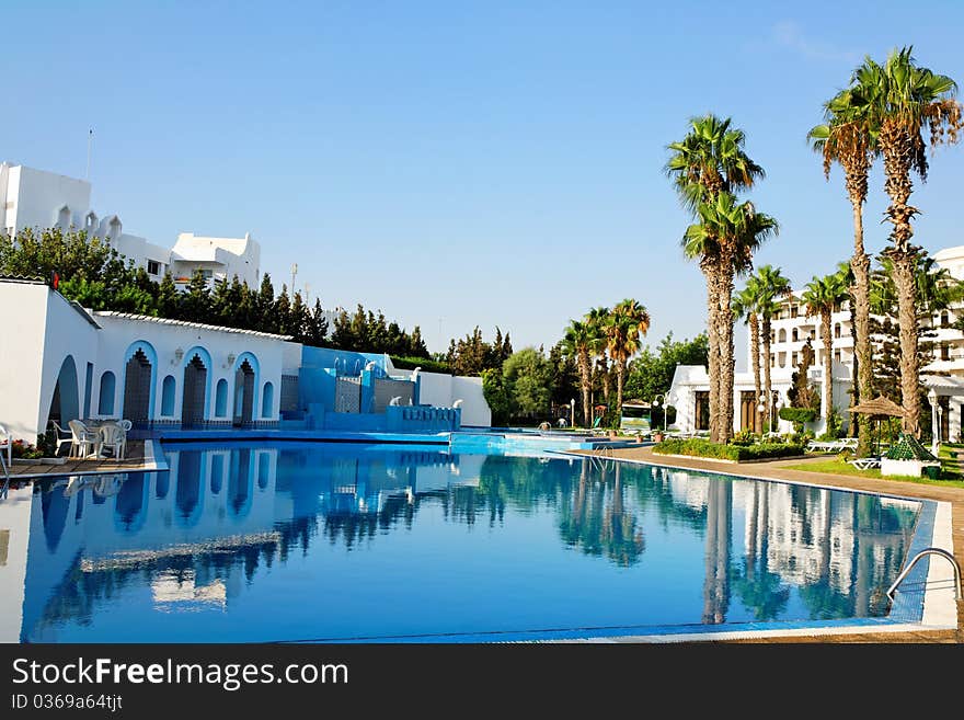 Resort Swimming Pool. Shot with circular polarizer filter.