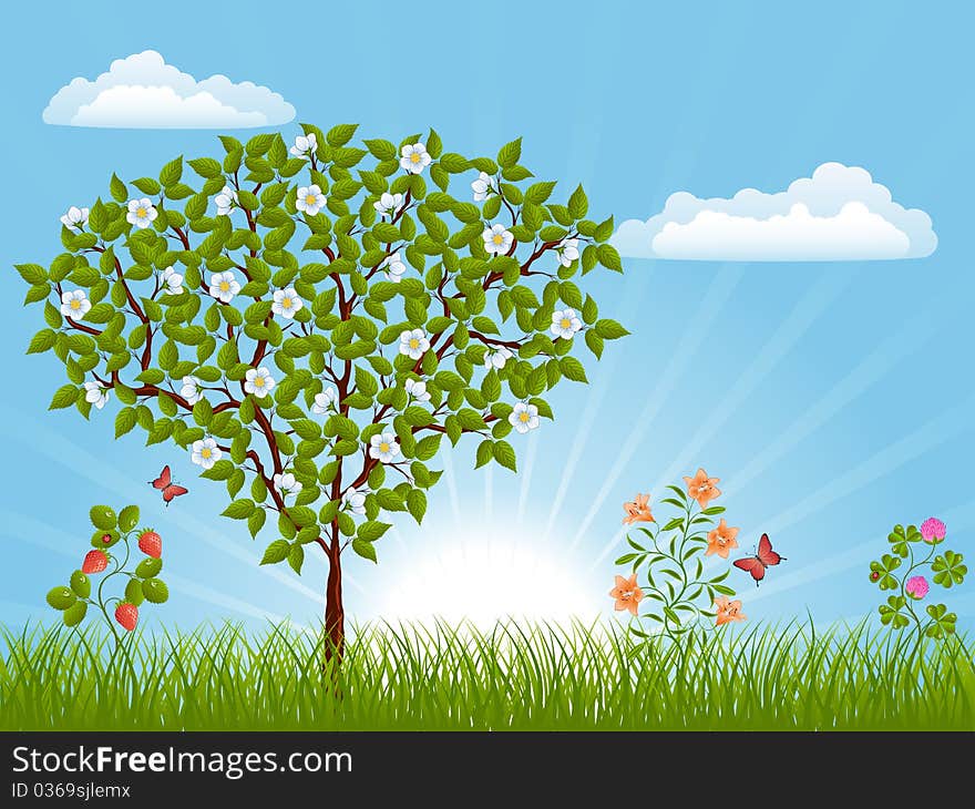 Nature landscape with a tree. Vector illustration.