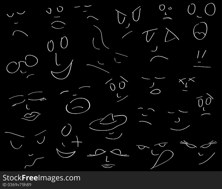 Vector facial expressions on a black background