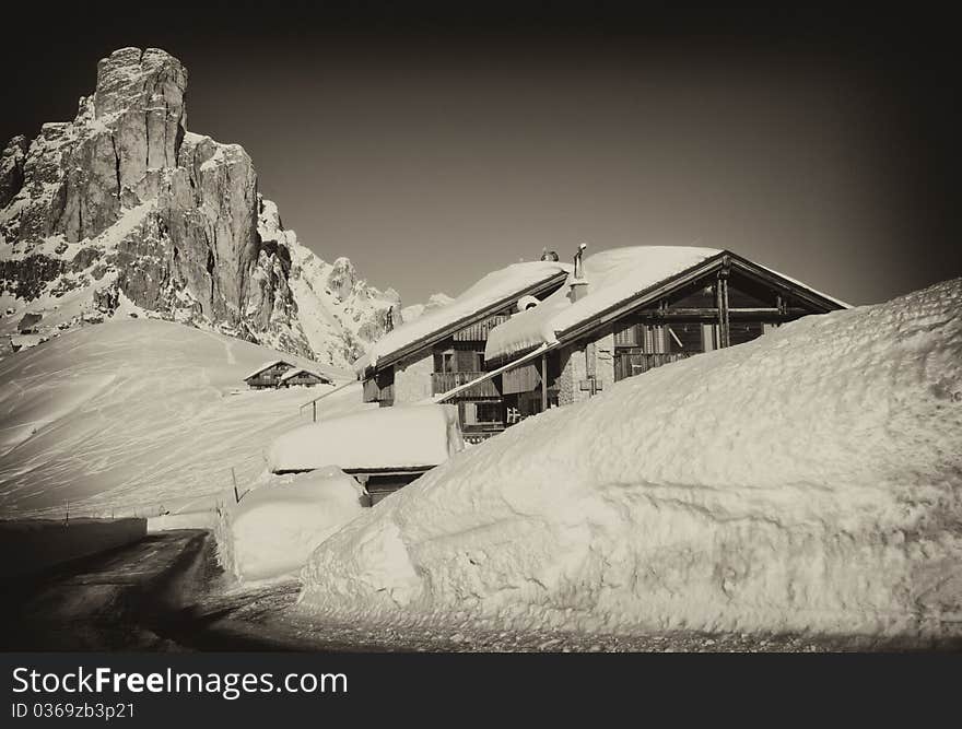 Snowy Landscape of Dolomites Mountains during Winter Season, Italy