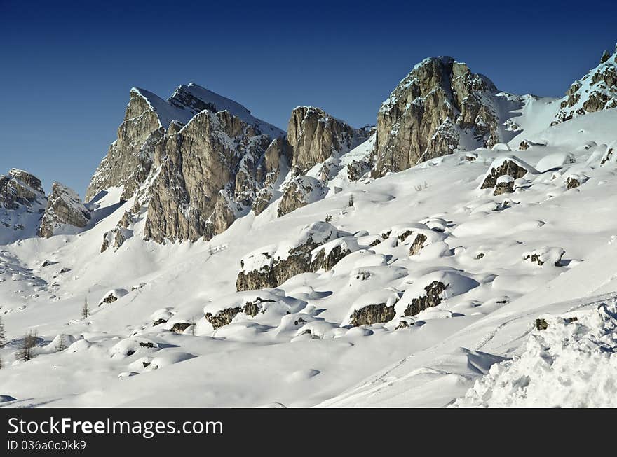 Snowy Landscape of Dolomites Mountains during Winter Season, Italy