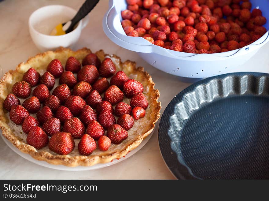 Tasty strawberry pie on the table