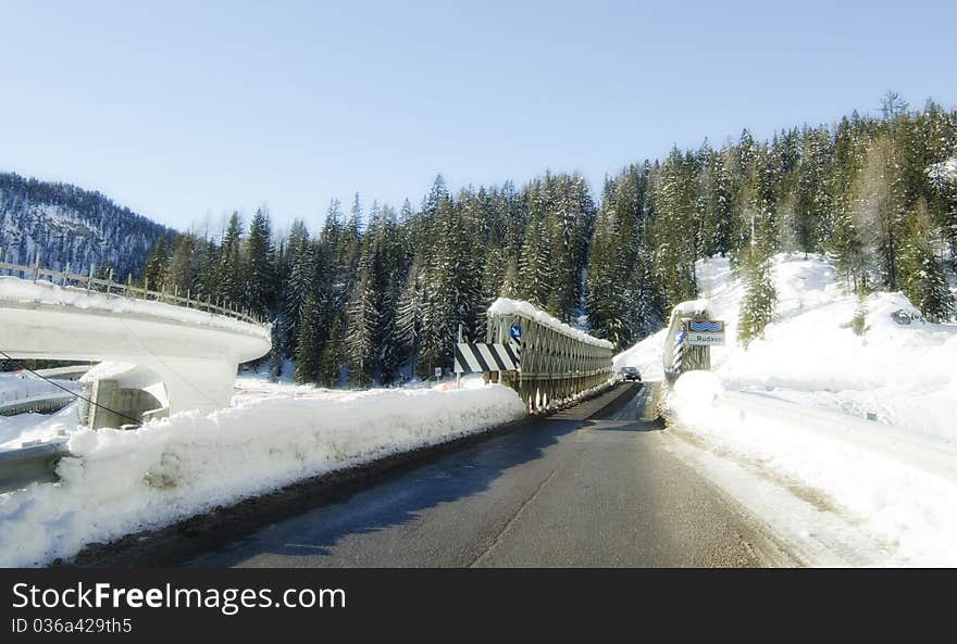 Snowy Landscape of Dolomites Mountains during Winter Season, Italy