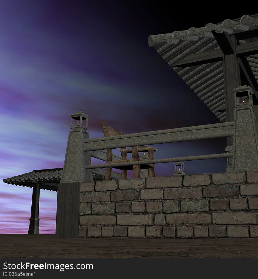 Fantasy temple at dawn. 3D rendering of a fantasy theme for background usage.