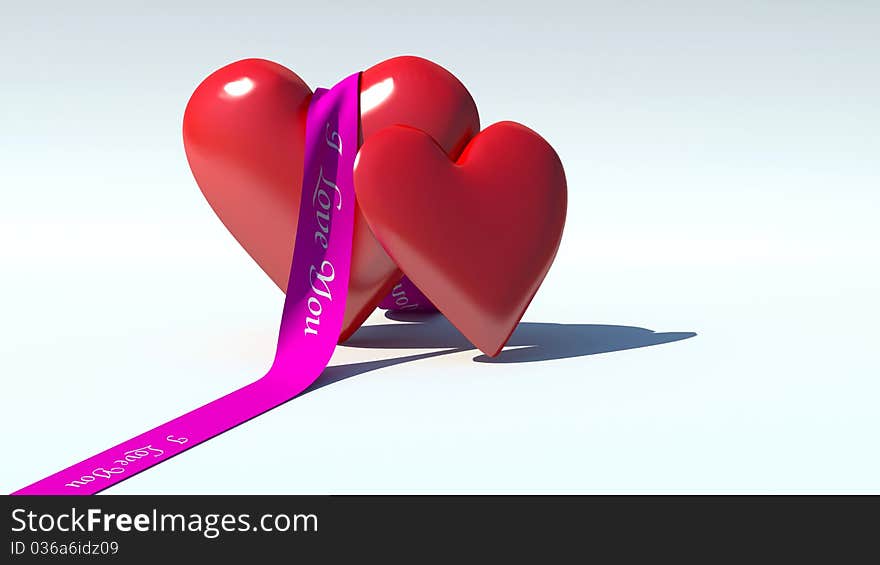 Two red hearts with ribbon on white background. Two red hearts with ribbon on white background