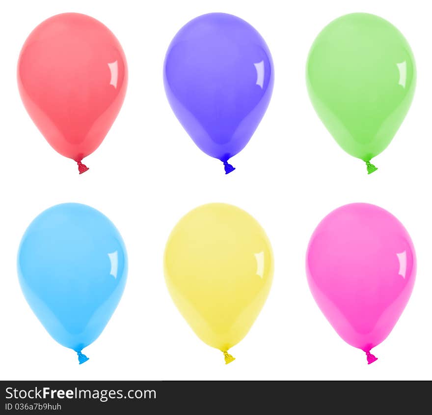 Six colored balloons isolated on white