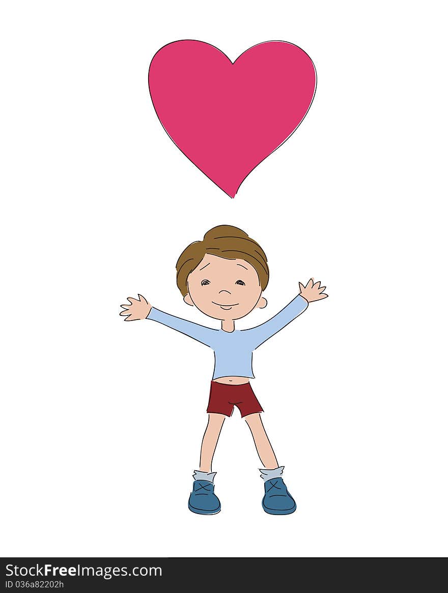 Boy with heart, isolated. Hand drawn illustration