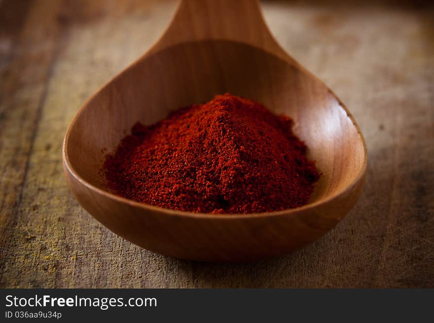 Paprika on wooden spoon