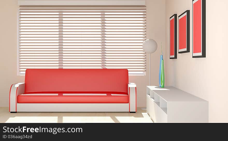 Modern interior designed in warm tones 3d Illustration