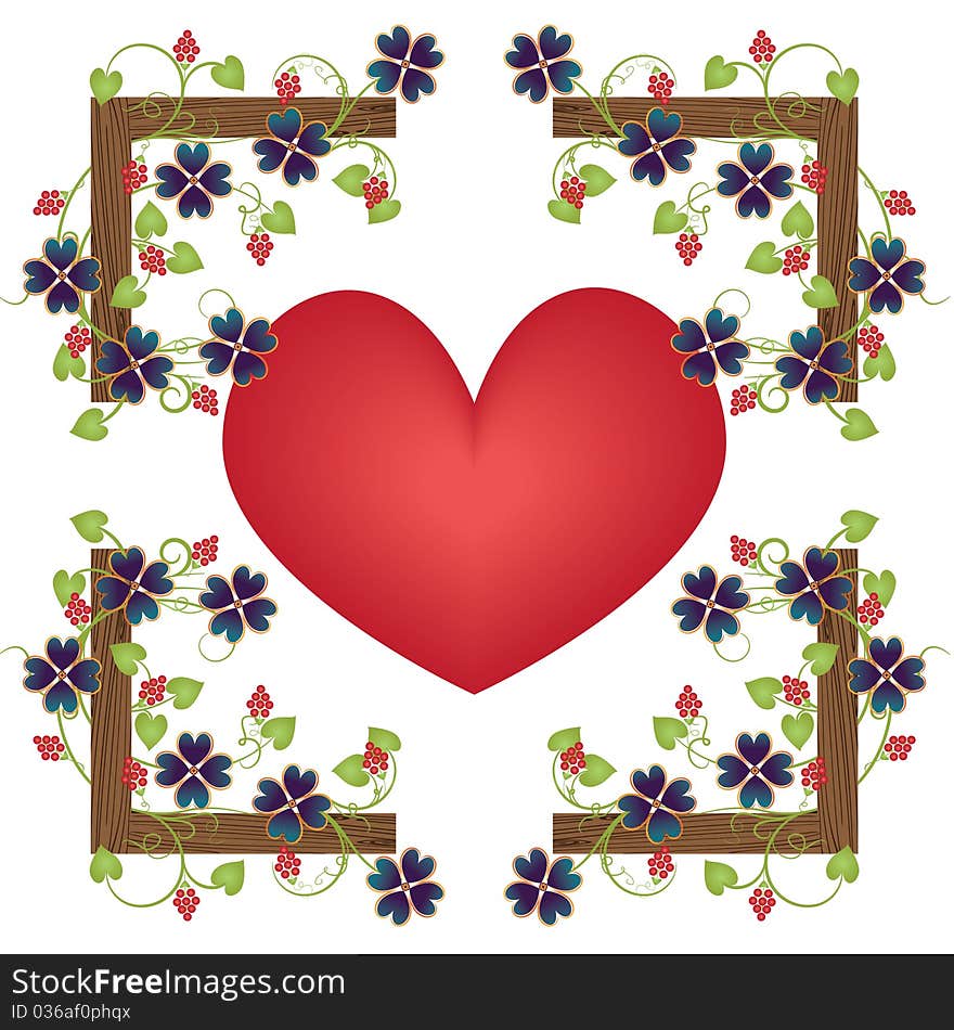 Vector Illustration of a heart, wooden frames and flowers. Vector Illustration of a heart, wooden frames and flowers