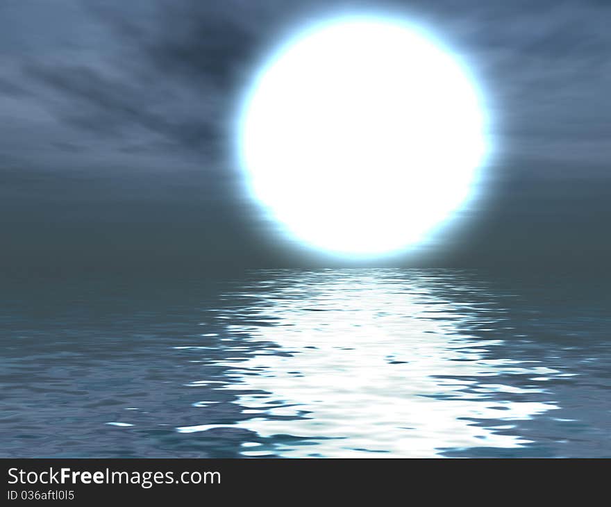 Night sea landscape with clouds and a bright moon in the starry sky. 3d computer modeling