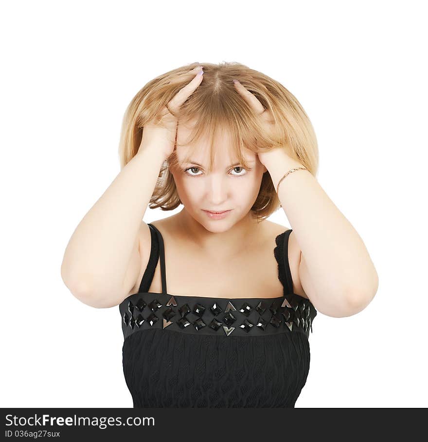 Elegant woman in in black dress posing in studio against white