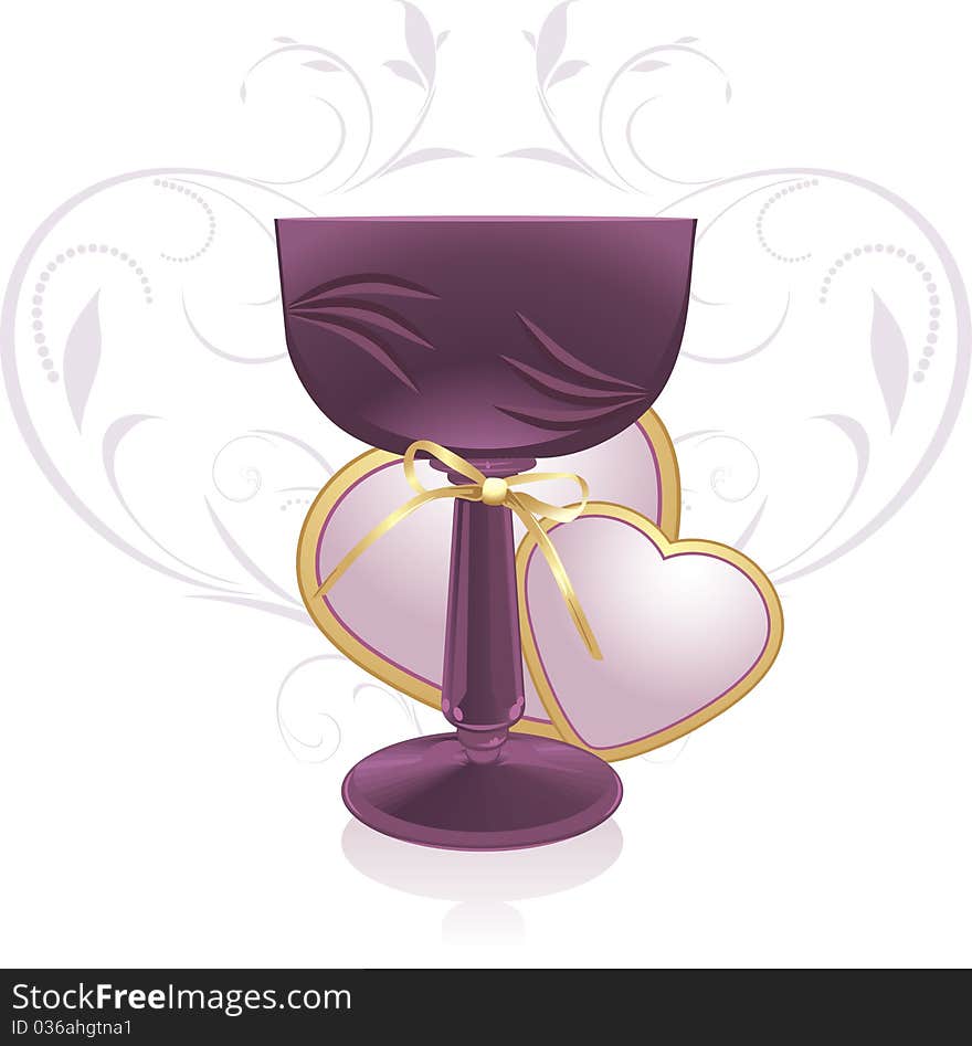 Glass with golden bow and hearts