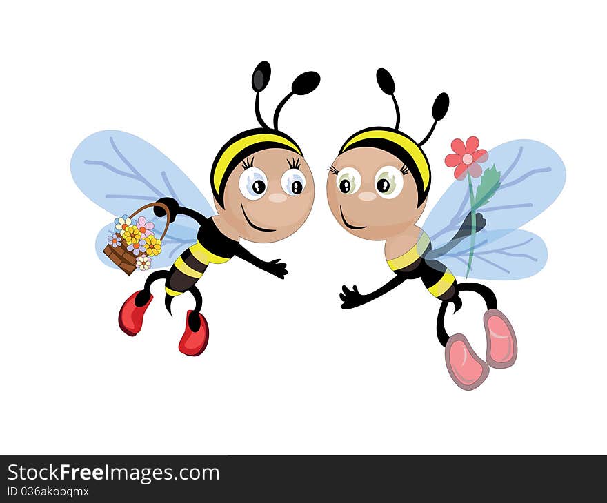 Two funny bees,with flowers. Two funny bees,with flowers