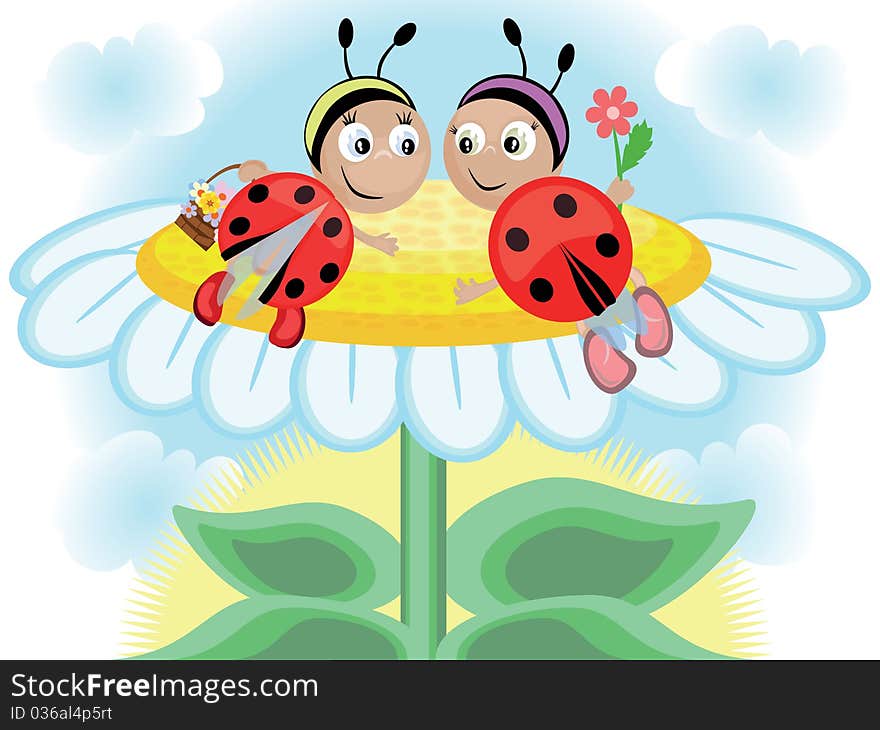 Two funny ladybugs ,with flowers. Two funny ladybugs ,with flowers