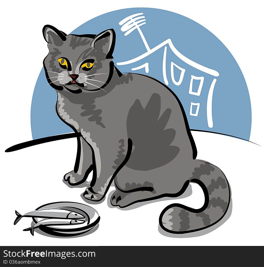 Grey cat on the roof and saucer with fish. Grey cat on the roof and saucer with fish