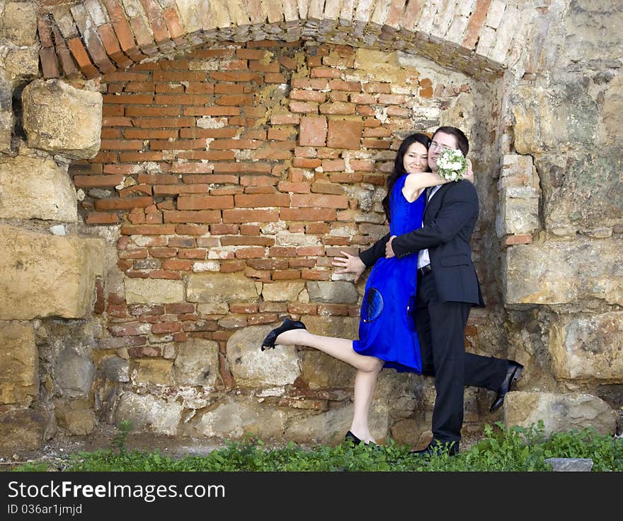 Romantic couple - woman with bouquet