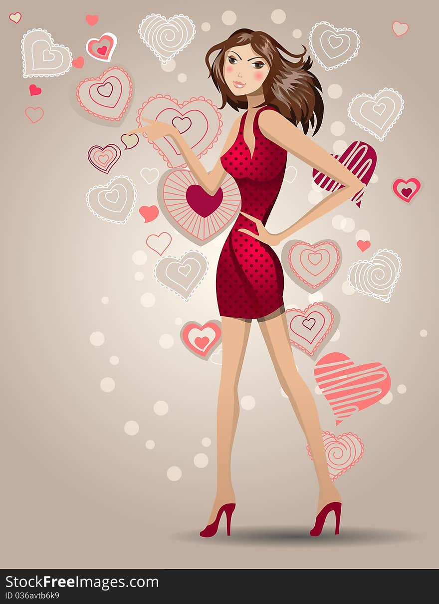 Young walking woman with stylized contour hearts