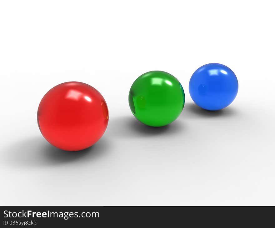 3d illustration of three picture frames with three spheres rgb on white background. 3d illustration of three picture frames with three spheres rgb on white background