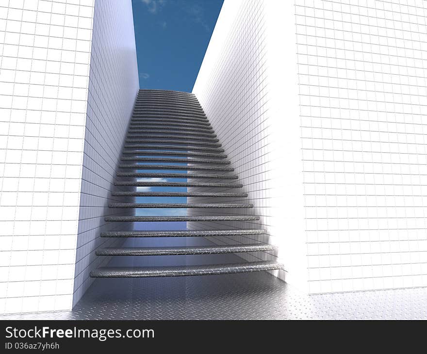 3d Illustration of white ladder and walls with blue sky and sun. 3d Illustration of white ladder and walls with blue sky and sun