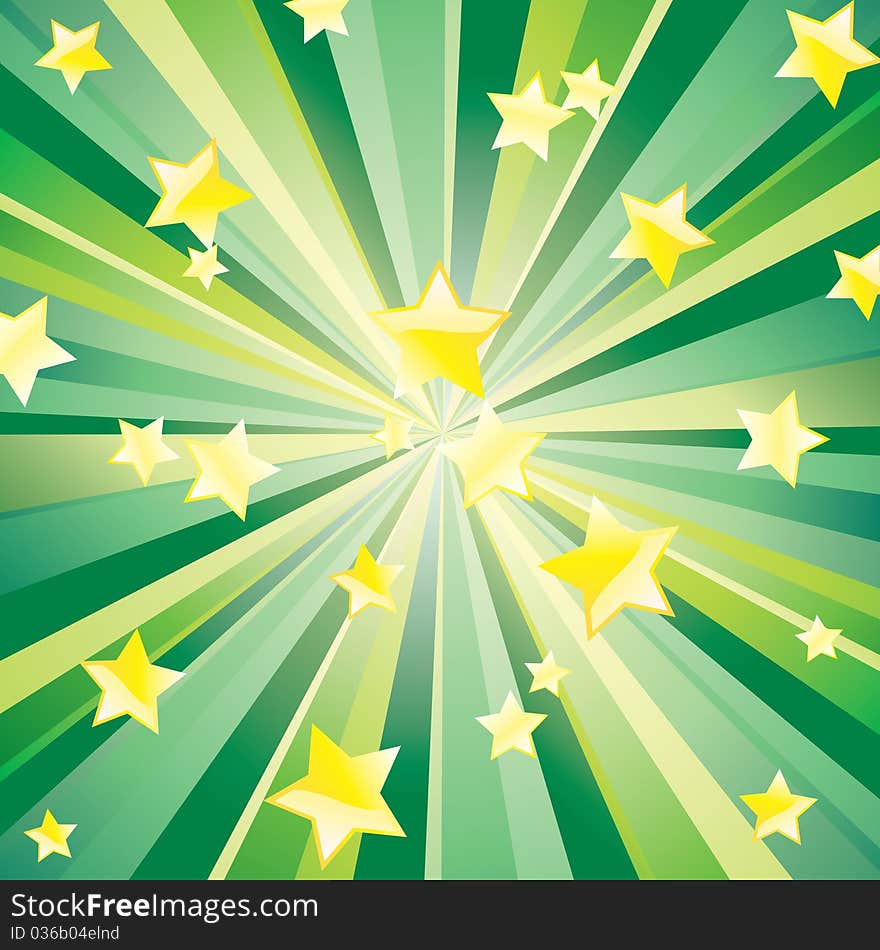 Abstract background with yellow stars and green rays. Abstract background with yellow stars and green rays.