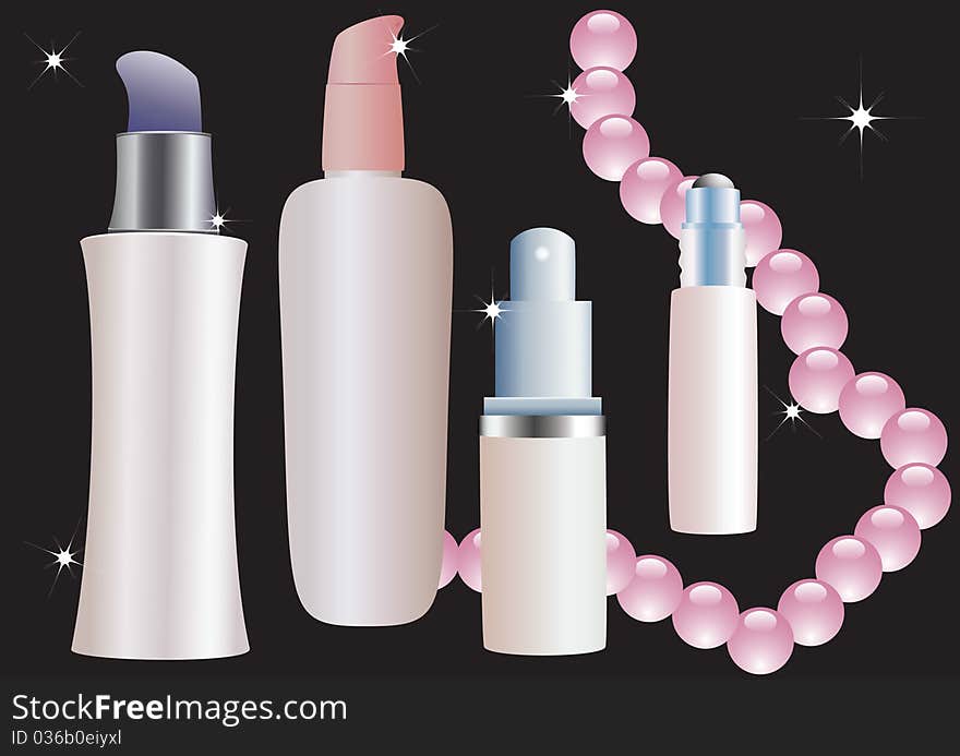 Cosmetic bottles and pink beads on a black background,. Cosmetic bottles and pink beads on a black background,