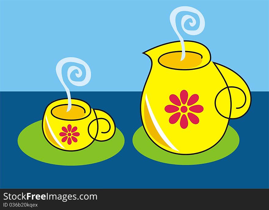 Teapot and cup of hot tea or coffee. Teapot and cup of hot tea or coffee