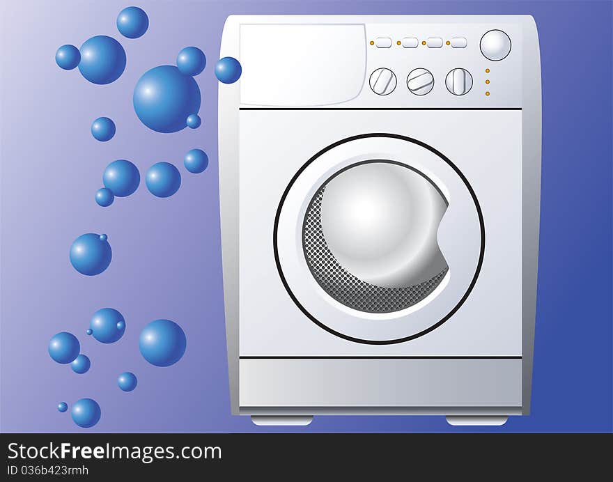 Washing machine with blue bubbles on a blue background. Washing machine with blue bubbles on a blue background.