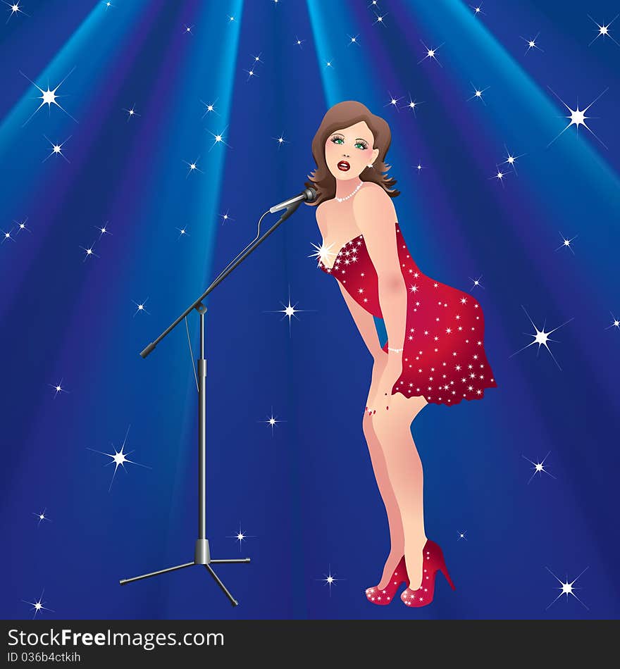 Beautiful girl at the microphone on the background of blue light and the stars. Beautiful girl at the microphone on the background of blue light and the stars.