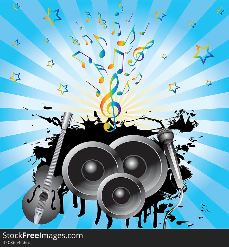 Abstract background with speakers, a guitar, a microphone and music notes