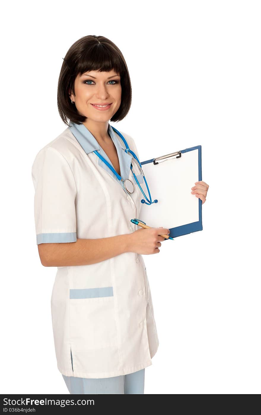 The doctor holding clipboard with blank paper in the hand