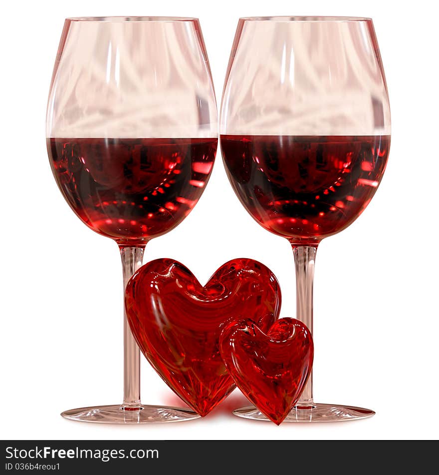 Two wineglass with two hearts as symbol love on valentine's day on February, 14th. Two wineglass with two hearts as symbol love on valentine's day on February, 14th