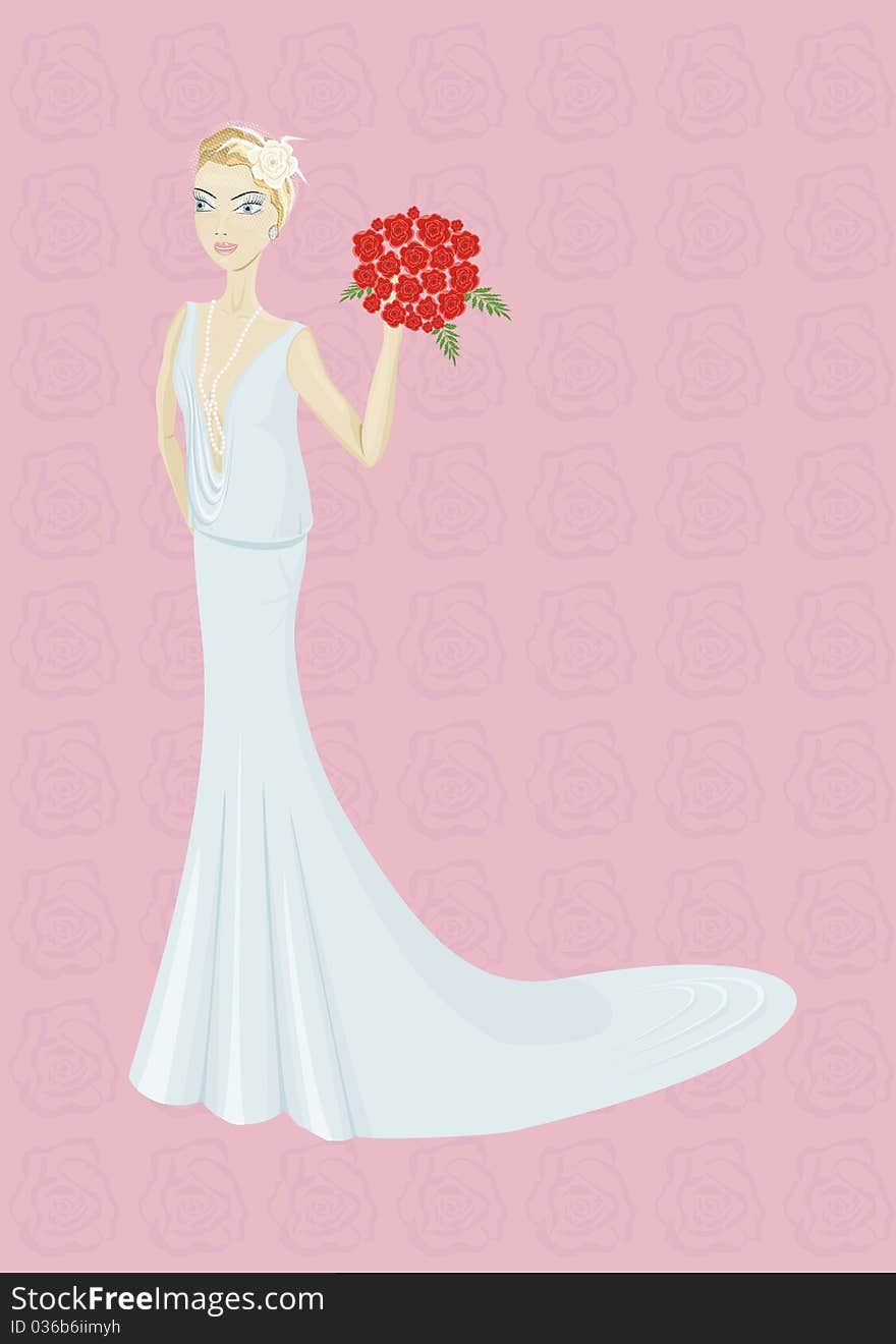 Happy beautiful young bride with bouquet on a pink background