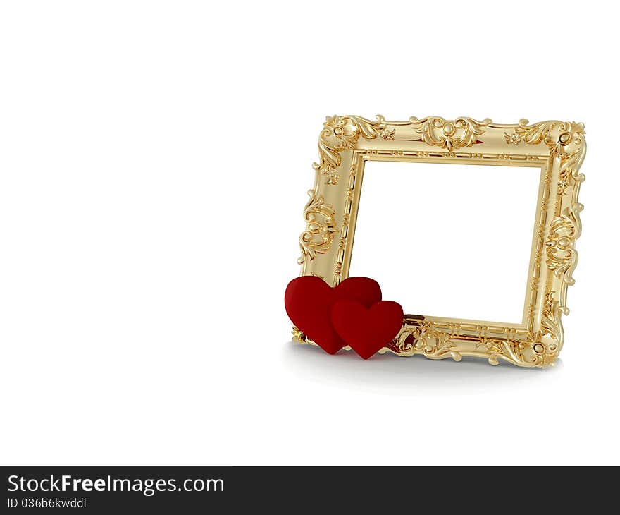 Classic gold frame with red hearts, isolated, insert your own design. Classic gold frame with red hearts, isolated, insert your own design