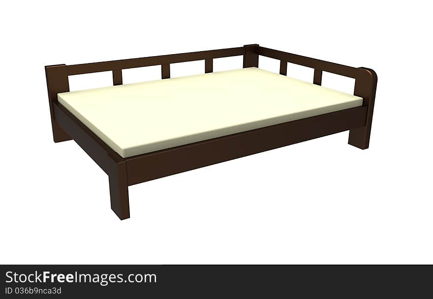 3d Bed wooden with two backs and a mattress on a white background