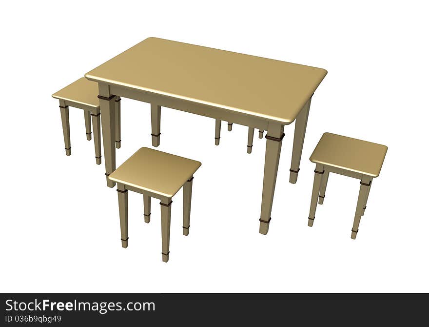 3d Table wooden with four stools on a white background. 3d Table wooden with four stools on a white background