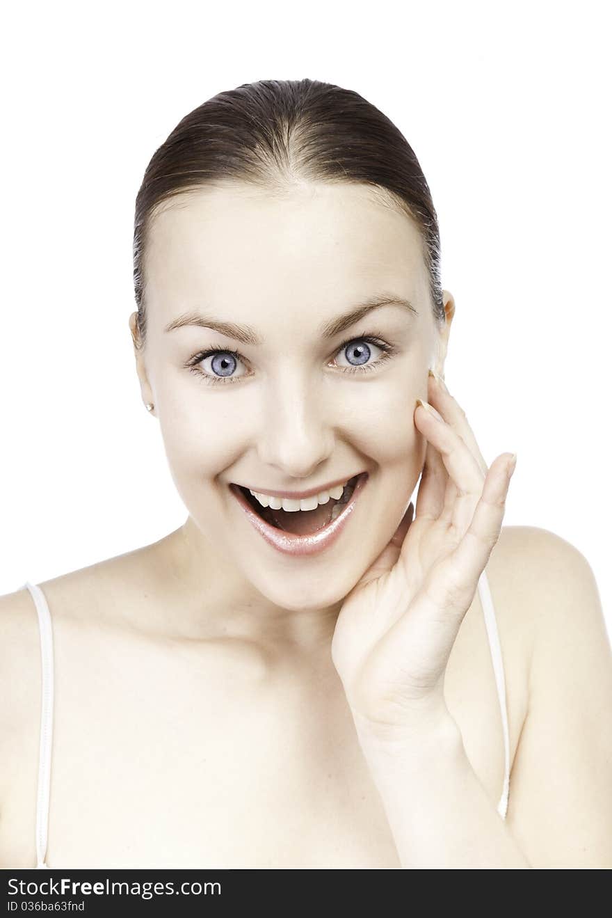 Portrait of a young happy woman isolated on white