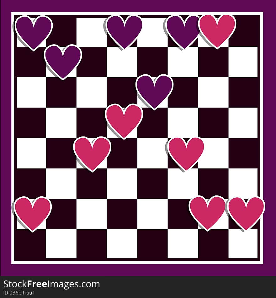 Love. Concept art with hearts and  chessboard. Vector illustration