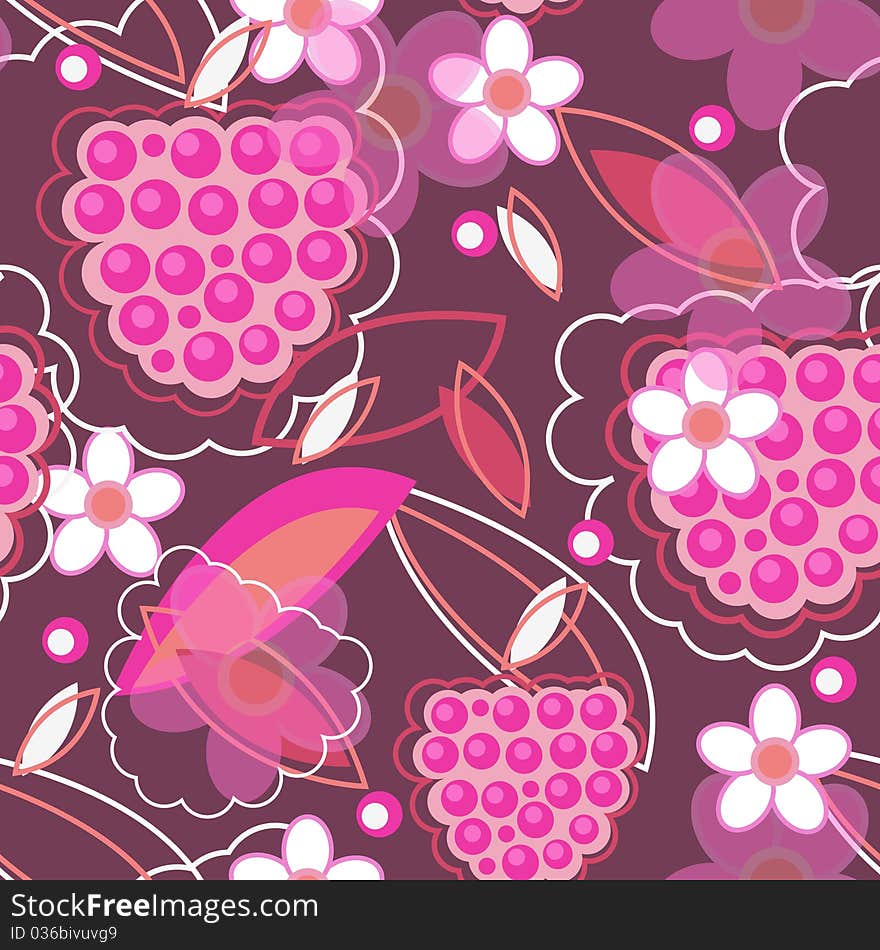 Abstract seamless  texture in red colors with raspberry anf flowers. Abstract seamless  texture in red colors with raspberry anf flowers