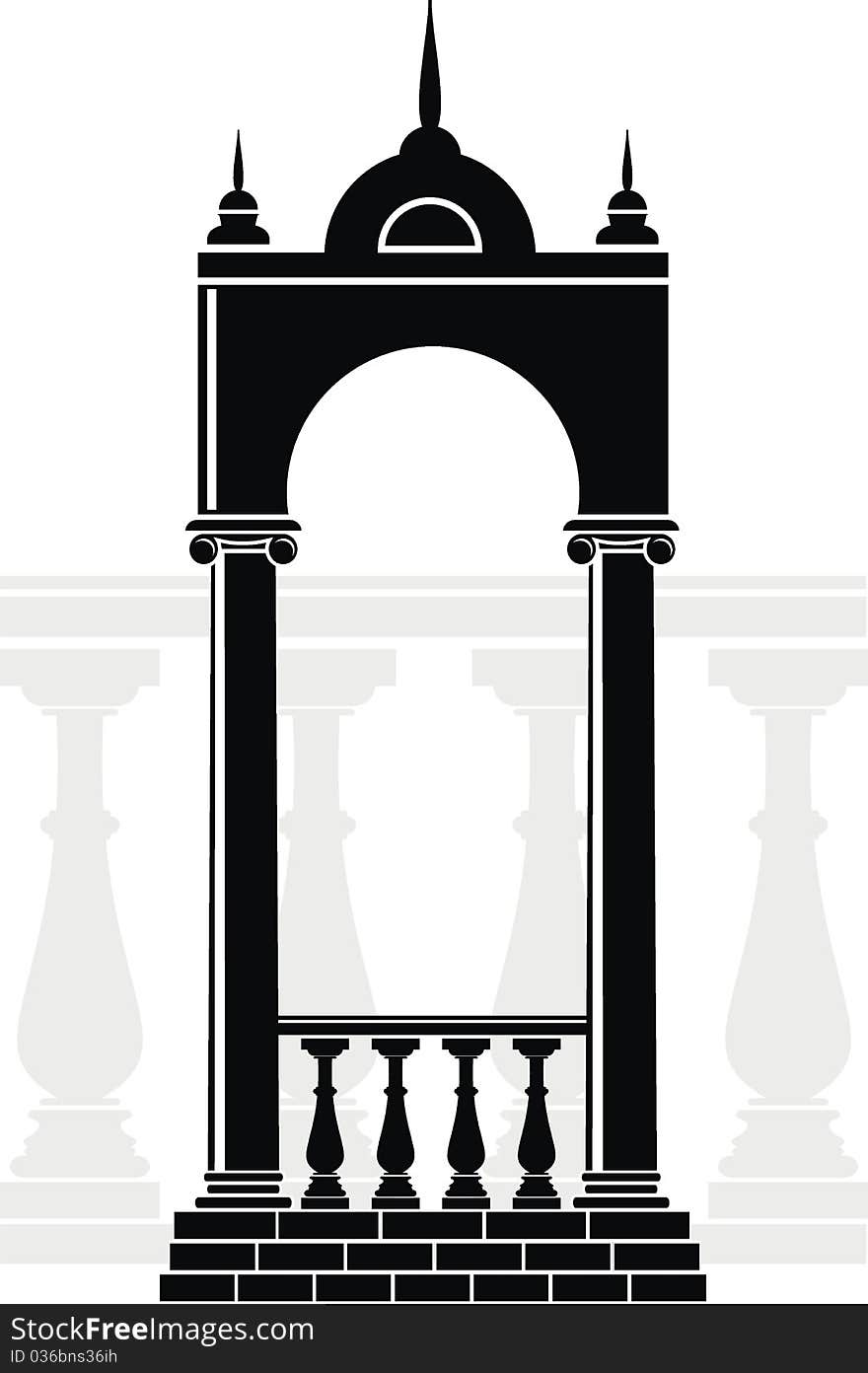 Illustration of architectural element - Silhouette of an arch with balustrade and spikes: black, isolated vector, white background